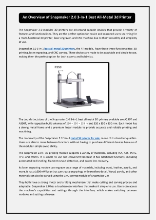 An Overview of Snapmaker 2.0 3-In-1 Best All-Metal 3d Printer