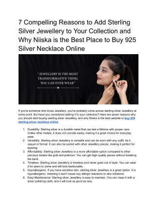 7 Compelling Reasons to Add Sterling Silver Jewelry to Your Collection and Why Niiska is the Best Place to Buy 925 Silve