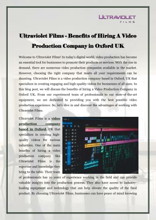 Ultraviolet Films - Benefits of Hiring A Video Production Company in Oxford UK