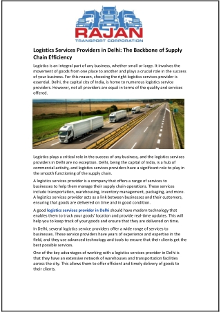 Logistics Services Providers in Delhi: The Backbone of Supply Chain Efficiency