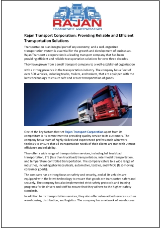 Rajan Transport Corporation: Providing Reliable and Efficient Transportation