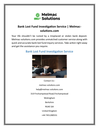 Bank Lost Fund Investigation Service  Melmac-solutions.com