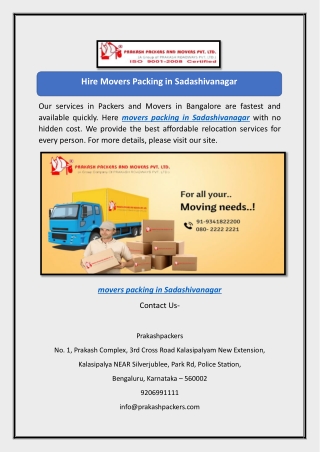 Hire Movers Packing in Sadashivanagar