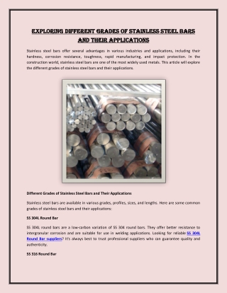 Exploring Different Grades of Stainless Steel Bars and Their Applications