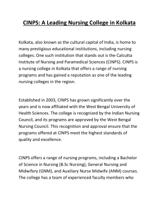 CINPS - A leading Nursing College in Kolkata