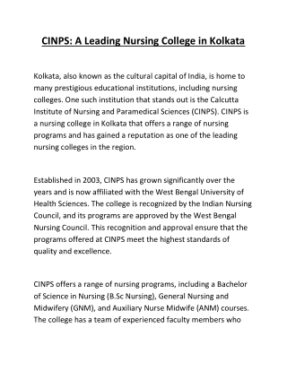 CINPS- A Leading Nursing College in Kolkata