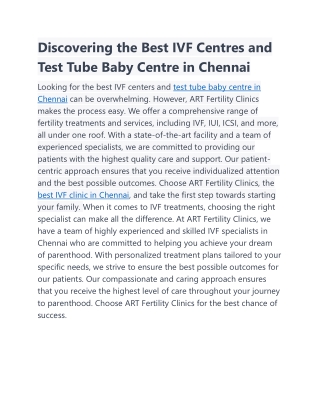 Discovering the Best IVF Centres and Test Tube Baby Centre in Chennai