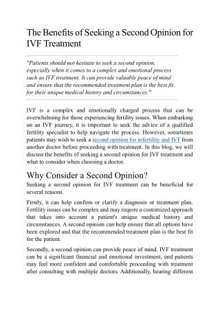 The Benefits of Seeking a Second Opinion for IVF Treatment