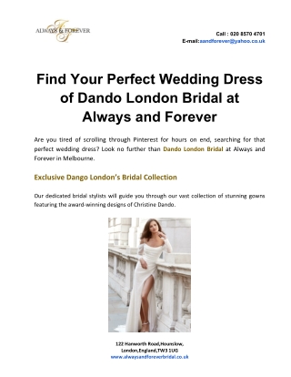 Find Your Perfect Wedding Dress of Dando London Bridal at Always and Forever