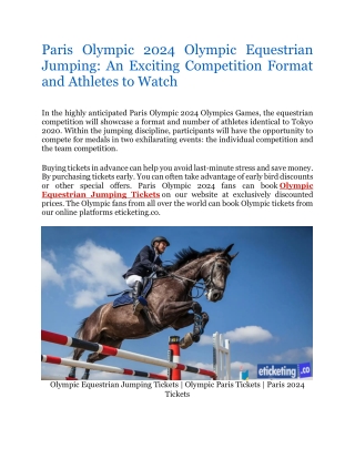 Paris Olympic 2024 Olympic Equestrian Jumping  Exciting Competition Format and Athletes to Watch