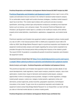 Preclinical Respiration and Inhalation Lab Equipment Market Demand & SWOT Analysis by 2028