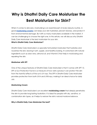 Why is Dhathri Daily Care Moisturizer the Best Moisturizer for Skin