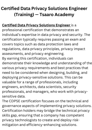 Certified Data Privacy Solutions Engineer (Training) — Tsaaro Academy