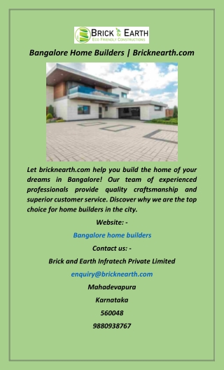Bangalore Home Builders  Bricknearth