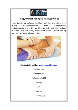 Sjukgymnmast Haninge  Haningefysio.se