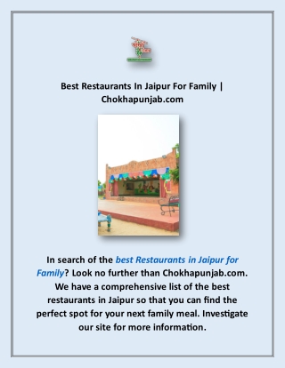 Best Restaurants In Jaipur For Family | Chokhapunjab.com