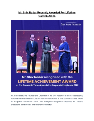 Mr. Shiv Nadar Recently Awarded For Lifetime Contributions