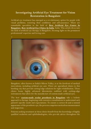 Investigating Artificial Eye Treatment for Vision Restoration in Bangalore