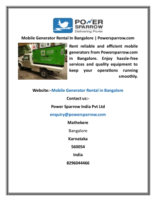 Mobile Generator Rental In Bangalore Powersparrow.com