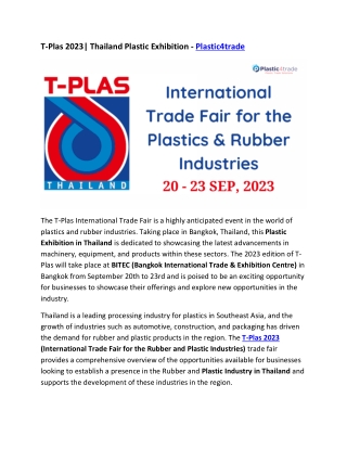 T-Plas 2023 | Thailand Plastic & Rubber Exhibition - Plastic4trade