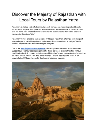Discover the Majesty of Rajasthan with Local Tours by Rajasthan Yatra