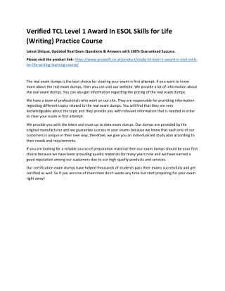 Verified TCL Level 1 Award In ESOL Skills for Life (Writing) Practice Course