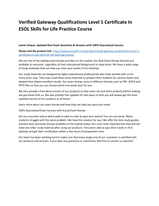 Verified Gateway Qualifications Level 1 Certificate In ESOL Skills for Life Prac