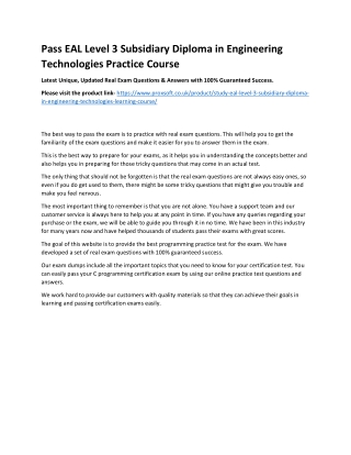 Pass EAL Level 3 Subsidiary Diploma in Engineering Technologies Practice Course