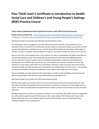 Pass TQUK Level 1 Certificate in Introduction to Health Social Care and Children