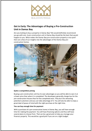 Get in Early: The Advantages of Buying a Pre-Construction Unit in Damac Bay