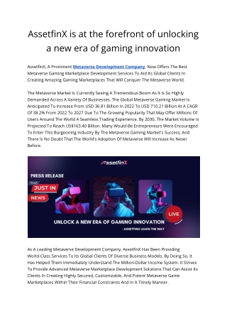 AssetfinX - The forefront of unlocking a new era of gaming innovation