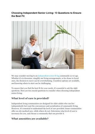 Choosing Independent Senior Living: 13 Questions to Ensure the Best Fit