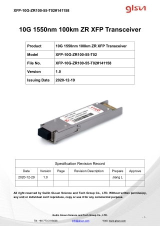 10G 1550nm 100km ZR XFP Transceiver