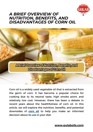 A brief overview of nutrition, benefits, and disadvantages of Corn Oil