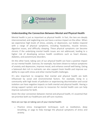 How to Better Your Mental and Physical Health - Chase Lodge Hospital