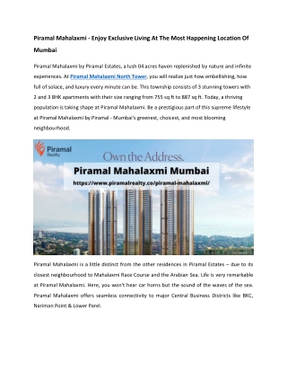 Piramal Mahalaxmi - Enjoy Exclusive Living At Best Tranquil Location Of Mumbai
