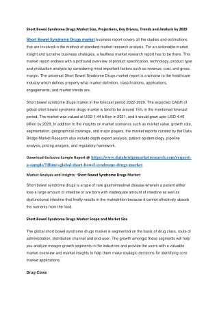 Short Bowel Syndrome Drugs Market Size, Projections, Key Drivers, Trends and Analysis by 2029