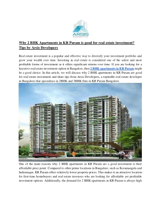 Why 2 BHK Apartments in KR Puram is good for real estate investment_ Tips by Arsis Developers