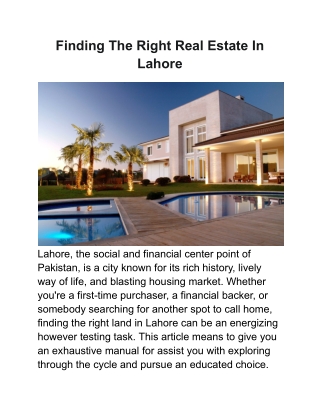 Finding The Right Real Estate In Lahore