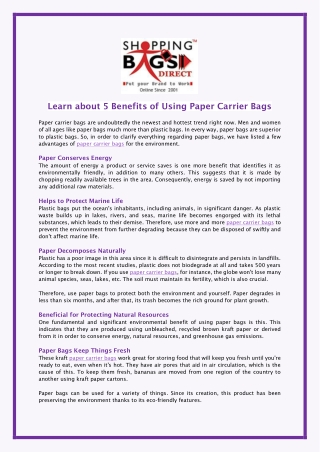Learn about 5 Benefits of Using Paper Carrier Bags