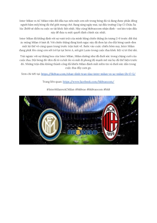 Cùng bk8vaocom theo dõi trận đấu khốc liệt giữa Inter Milan vs AC Milan lúc 2h, 17_5