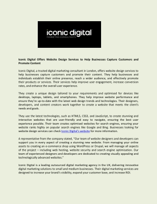 Iconic Digital Offers Website Design Services to Help Businesses Capture Customers and Promote Content