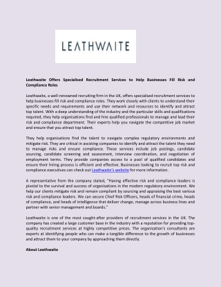 Leathwaite Offers Specialised Recruitment Services to Help Businesses Fill Risk and Compliance Roles