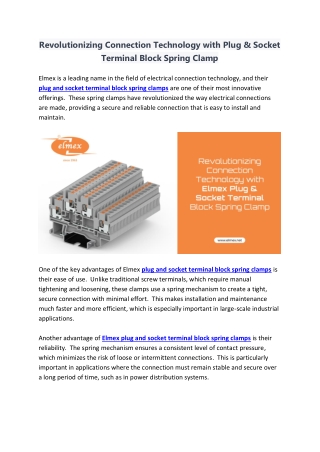 Revolutionizing Connection Technology with Elmex Plug & Socket Terminal Block Spring Clamp