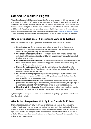 Canada To Kolkata Flights