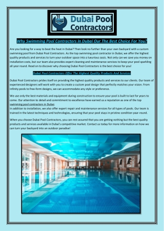 Why Swimming Pool Contractors In Dubai Our The Best Choice For You