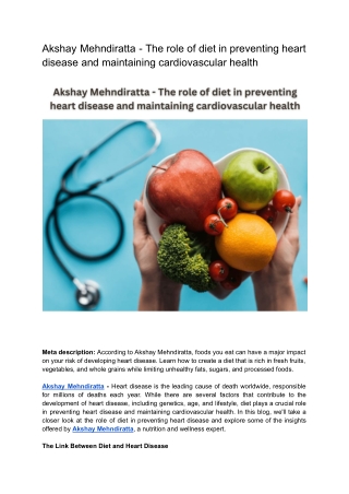 Akshay Mehndiratta - The role of diet in preventing heart disease and maintaining cardiovascular health