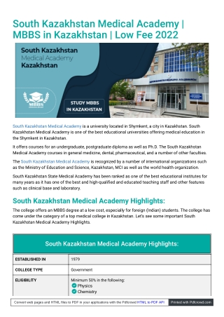 South Kazakhstan Medical Academy  MBBS in Kazakhstan  Low Fee 2022