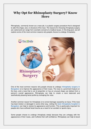 Why Opt for Rhinoplasty Surgery? Know Here