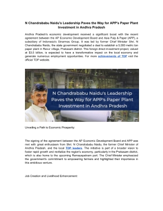 N Chandrababu Naidu's Leadership Paves the Way for APP's Paper Plant Investment in Andhra Pradesh